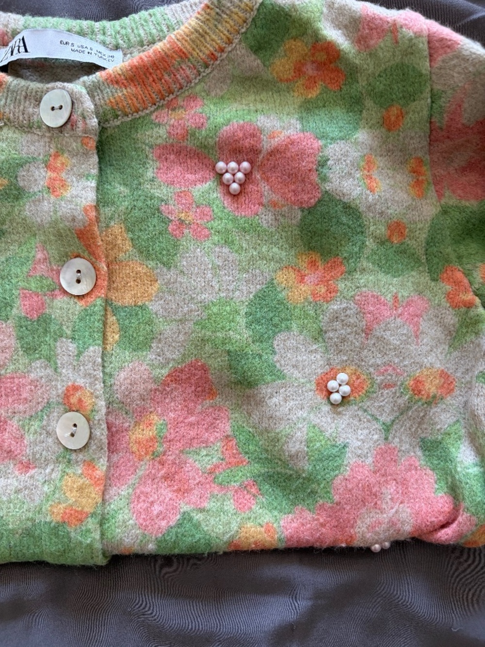 EUC Zara Women’s Pearl-Trim Floral Jacquard Knit Cardigan Acrylic Size Small - Picture 6 of 7